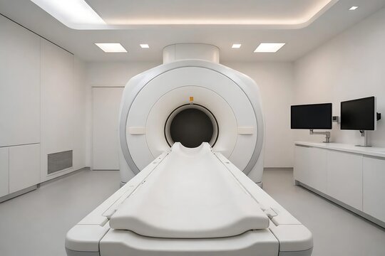 Modern medical mri scanner machine in a clean, bright, and sterile hospital examination room