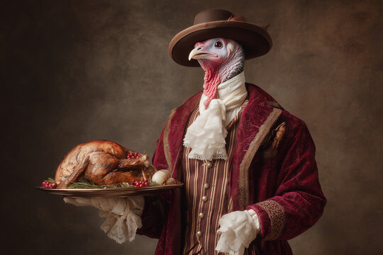 Colonist Turkey Offering Turkey for Thanksgiving in Red Velvet Colonial Coat with Roasted Bird and Berry Garnish Display