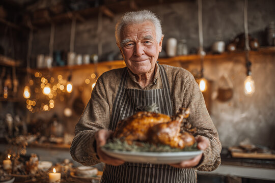 Offering Thanksgiving Dinner with Smiling Older Man in Apron Holding Roasted Turkey in Warm Rustic Kitchen with Festive Lights