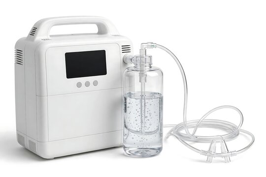 Portable medical oxygen concentrator machine with humidifier bottle and nasal cannula isolated on white background