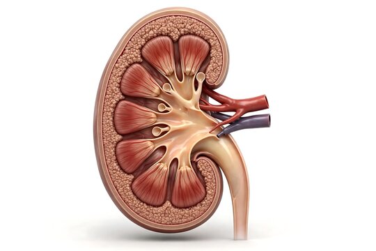 Anatomical crosssection of a human kidney showing internal structures like renal pyramids and cortex