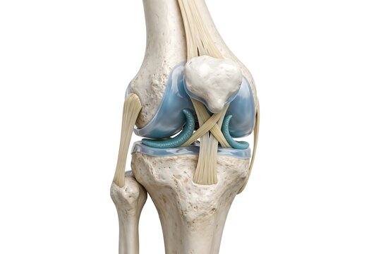 Anatomical 3d illustration of human knee joint showing bones, ligaments, and cartilage structures