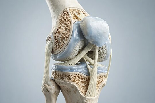 Anatomical 3d illustration of a human knee joint showing bones, cartilage, and ligaments