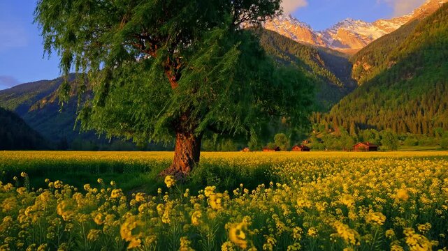 Majestic weeping willow in yellow canola field with mountains
