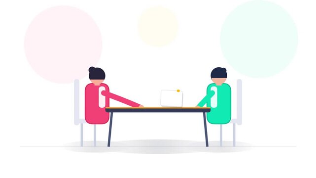 Minimalist vector illustration of business people sitting at a table working together.