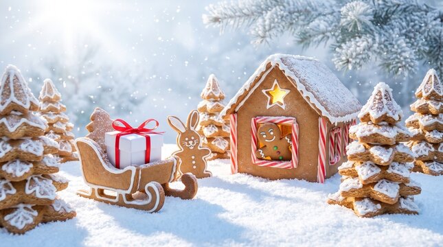 Bright winter day in a gingerbread village with cookie sleigh and house framed by candy canes