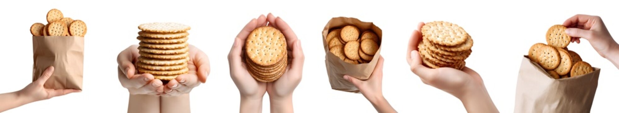 Set of hand holding baked crispy round circle crackers biscuit, flat thin snack staple food, takeout brown paper bag, pile group stack, transparent cutout PNG Mockup