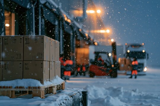 Warehouse logistics and shipping boxes in winter snow loading dock