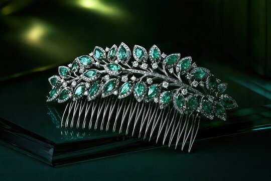 Luxury emerald hair comb with diamonds in elegant green lighting style