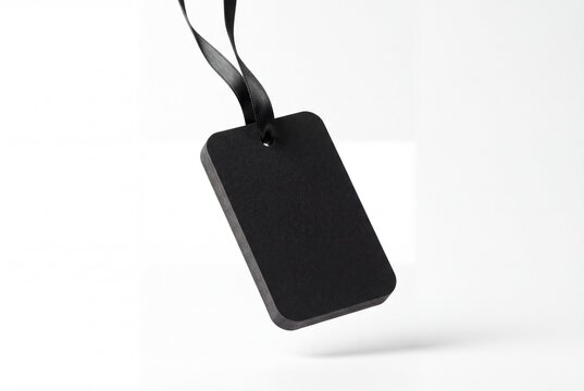 Black Paper Price Tag Hanging with Ribbon on White Background