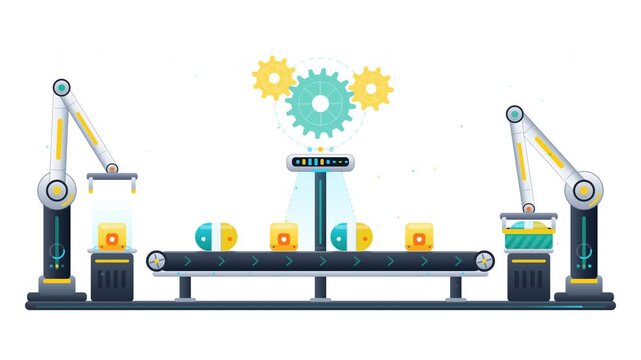 Industrial conveyor belt animation with robotic arms and gears