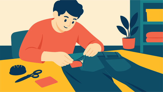 Repairer aligning a fabric patch beneath a worn pocket corner of jeans, flat vector mending illustration