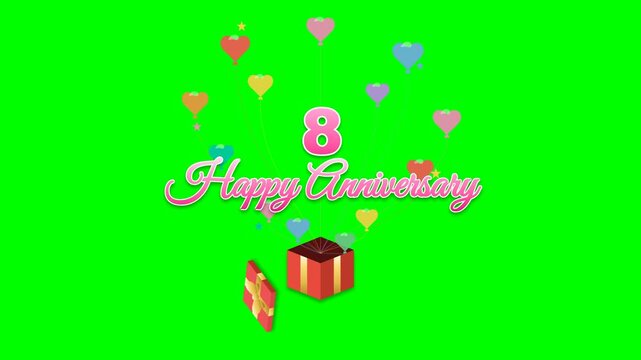 Professional 4K motion graphic on green screen. A red birthday gift box scales in, its lid pops open in a precise arc and lands on the floor. An elegant bouquet of colorful heart-shaped balloons, a pi