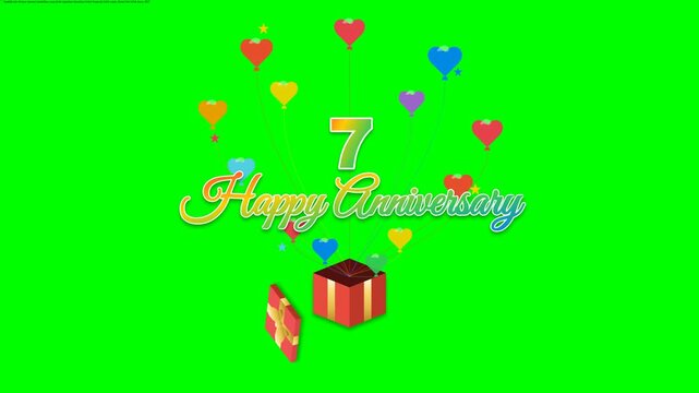 Professional 4K motion graphic on green screen. A red birthday gift box scales in, its lid pops open in a precise arc and lands on the floor. An elegant bouquet of colorful heart-shaped balloons, a nu