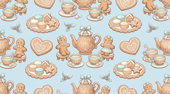 Vintage gingerbread tea party seamless pattern, pastel Christmas cookies with teapot and cups, whimsical winter holiday dessert background