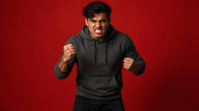 Young man expressing intense anger and frustration with clenched fists.