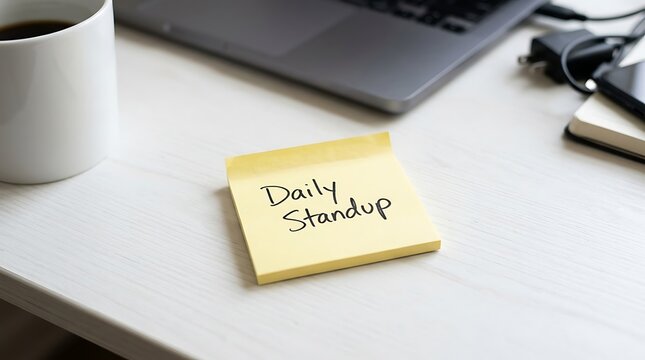 Yellow sticky note with daily standup text on desk