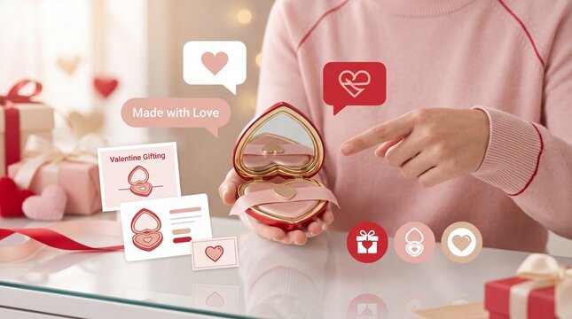Valentine's Day Person holding a heart shaped mirror gift box on a desk with digital interface elements with floating graphic interface