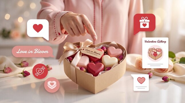 Valentine's Day Woman pointing at a heart shaped box of soap gifts on a table with digital icons with surface floating digital