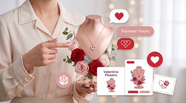 Valentine's Day Woman pointing at a heart shaped necklace on a rose decorated jewelry display stand indoors with pendant necklace mannequin
