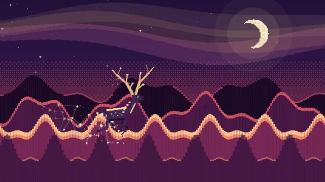 Pixel art animation of a magical deer with constellation patterns running across rolling hills under a starry twilight sky with a crescent moon, 8-bit retro gaming style night landscape