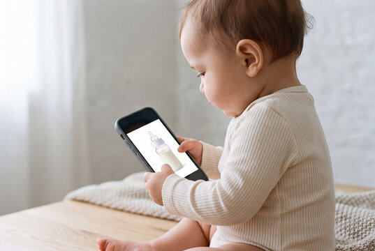 Baby boy looking at a bottle of milk on a phone screen