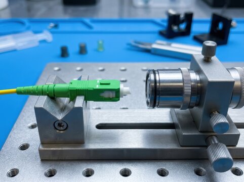 fiber optic apc connector Fiber optic connector aligned with testing device on metal platform