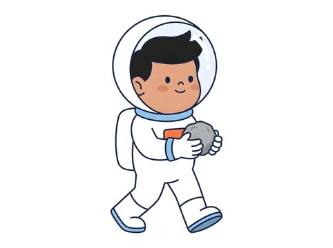 Cute cartoon astronaut boy walking and holding a moon rock isolated on a white background for design
