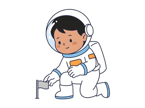 Cute cartoon astronaut boy kneeling and planting a small flag on the moon surface vector illustration