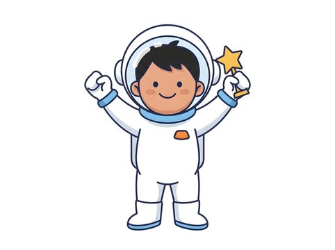 Happy cartoon astronaut boy holding a gold star trophy celebrating success in space exploration suit