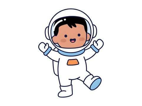 Cute cartoon astronaut boy character waving hand in space suit for kids education and science design