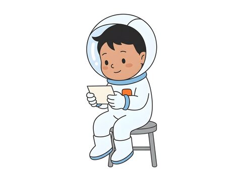 Cute cartoon astronaut boy sitting on a stool holding a small paper card isolated on white background