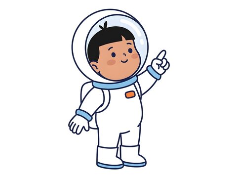 Cute cartoon astronaut boy pointing up wearing a space suit isolated on a white background for kids