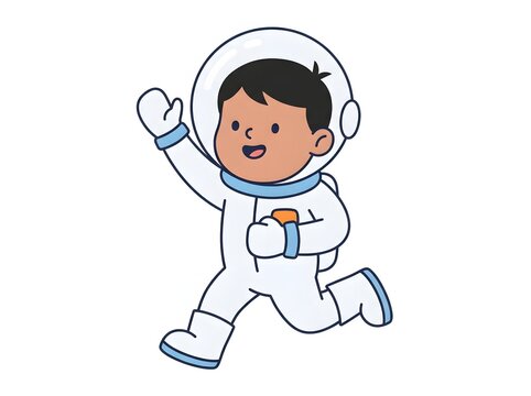 Cute cartoon boy wearing astronaut suit waving hand isolated on white background for space education