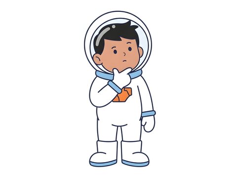 Cute cartoon astronaut boy thinking with hand on chin isolated on white background for space education