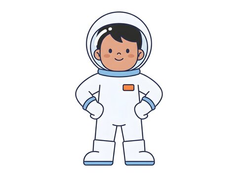 Cute cartoon astronaut boy standing in white space suit for children education and science concept