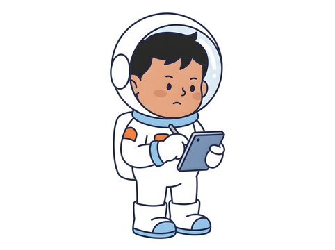 Cute cartoon astronaut boy writing on digital tablet isolated on white background for space education