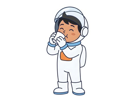 Cute cartoon astronaut boy drinking from a cup isolated on white background for kids space education