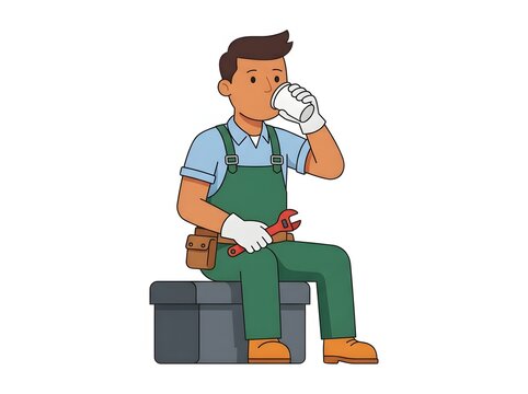 Construction worker sitting on toolbox drinking coffee during a break from manual labor job tasks