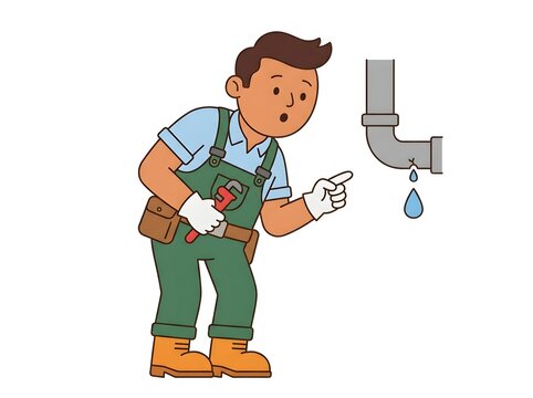 Surprised plumber pointing at a leaking pipe with a wrench in hand for home maintenance repair service