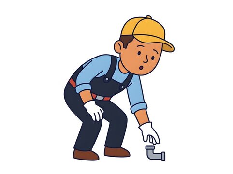 Cartoon plumber character wearing overalls and cap looking at a pipe fitting on the white background