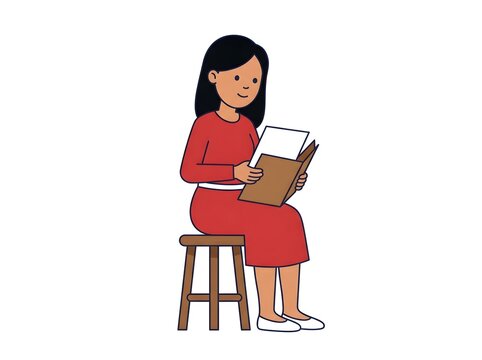Young woman in red dress sitting on a wooden stool reading a document or book in flat illustration
