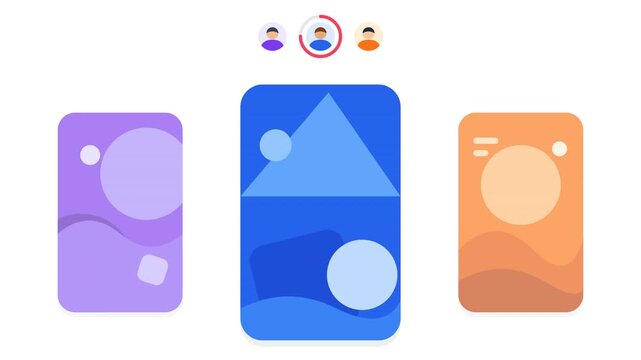 Vibrant social media interface cards in purple blue and orange featuring user profile icons on a clean white background. Ideal for digital marketing or app presentation videos.