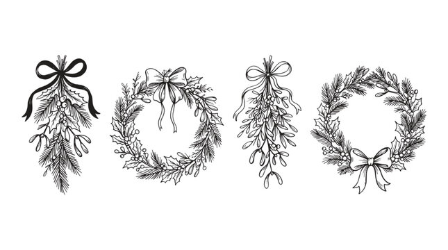 Handdrawn festive christmas wreaths and mistletoe bundles with ribbons for holiday winter decoration isolated on a clean white background illustration
