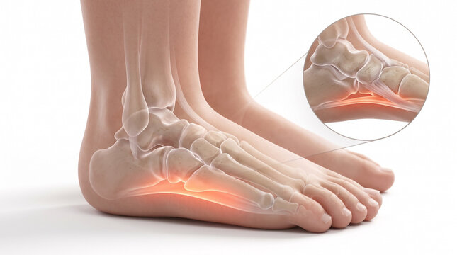 Flat feet fallen arch pain. 3D medical illustration of two feet standing with glowing red inner arch and magnified collapsed arch bone inset, white background