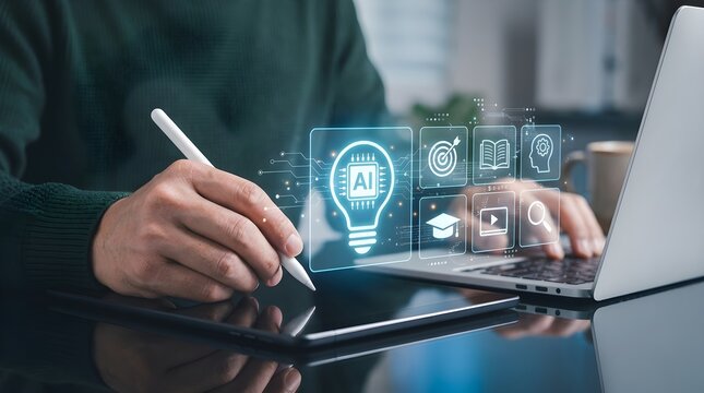 Professional Designer Utilizing Digital Tablet for Advanced Artificial Intelligence Creative Workflow and Integrated Data Analytics Integration