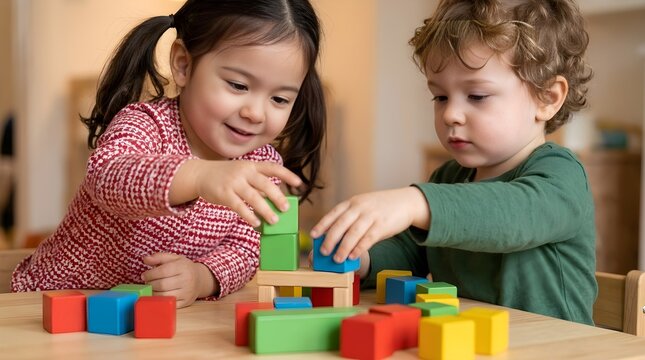 Two young children playing together with colorful wooden building blocks at a wooden table in a sunny room