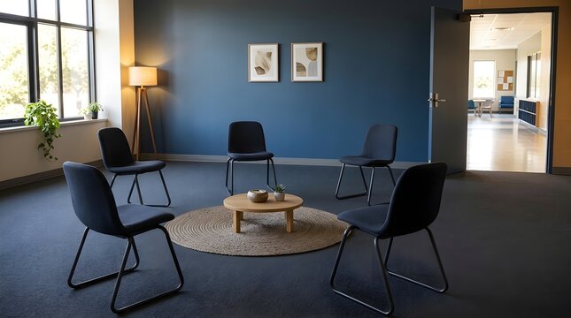 Cozy meeting room with a circle of black chairs on a blue wall background for group therapy or discussion