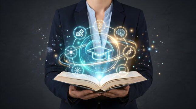 Futuristic E-Learning and Education Technology Concept with Glowing Icons Above Open Book