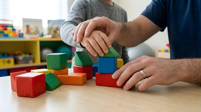 Father and son playing together with colorful wooden blocks on a table in a playroom